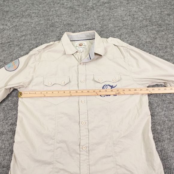 Ed Hardy Shirt Mens Large Beige Tattoo Graphic Love Kills Slowly Western Style - Picture 12 of 15